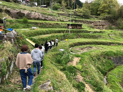 棚田の脇を歩く学生たち