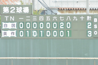 写真：3対2で勝利したことを示すスコアボード