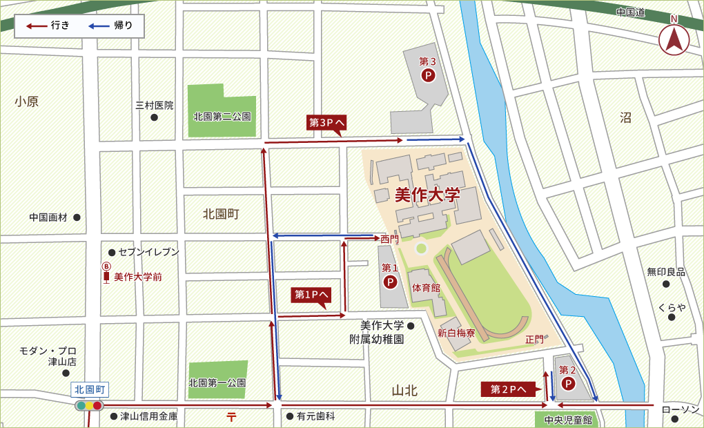 地図：大学駐車場への道順のご案内です。駐車場は大学内外に3ヵ所ございます。まず第1駐車場のご案内です。津山駅方面より北園町交差点を右折します。右折後、北園第一公園と津山北園簡易郵便局を通り過ぎ、有元歯科医院のある交差点を左折します。左折後、最初の細い道に入る交差点は通り過ぎ、次の交差点(左にエクセルメゾン北園というマンションある交差点)を右折します。右折後、60メートル程直進するとT字路があるので、左折します。左折後は直進し、最初の交差点を右折、20メートルほど進んだ右側、西門手前にに第1駐車場がございます。第1駐車場よりお帰りの際は、駐車場出入口を左折し、1つ目の交差点を通り過ぎ、2つ目の交差点を左折してください。そのまま直進すると、有元歯科医院のある交差点に出ることができます。次に第2駐車場のご案内です。第1駐車場と同様に北園町交差点を右折します。右折後、直進し、安藤歯科医院を通り過ぎた少し先にあるT字路(橋の手前、中央児童館が目印)を左折すると大学正門があります。正門に入った後、すぐに左折、直進すると第2駐車場がございます。第2駐車場は学内にございますので、通行人にご注意の上お進みください。次に第3駐車場のご案内です。津山駅方面より北園町交差点を右折後、第1駐車場と同様に有元歯科医院のある交差点を左折します。左折後、300メートル程直進、北園第2公園のある交差点を右折します。右折後、200メートル程直進すると左側に第3駐車場がございます。第3駐車場からお帰りの際は駐車場を出て左折し、突き当りを右折してください。宮川沿いに進むと、中央児童館がある交差点に出ることができます。また、宮川向こうの柳通りからお越しの際は、ローソン津山柳通店ある沼交差点を橋の方へ曲がってください。橋を渡ってすぐの交差点を通り過ぎ、2つ目のT字路を右折すると大学正門に着きます。以上が駐車場への道順のご案内になります。