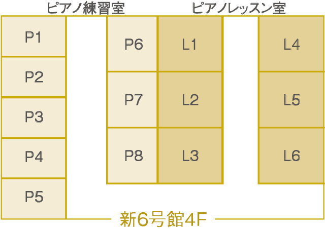 写真：5階6号館のフロアマップ。ピアノレッスン室6部屋、ピアノ練習室16部屋あります。
