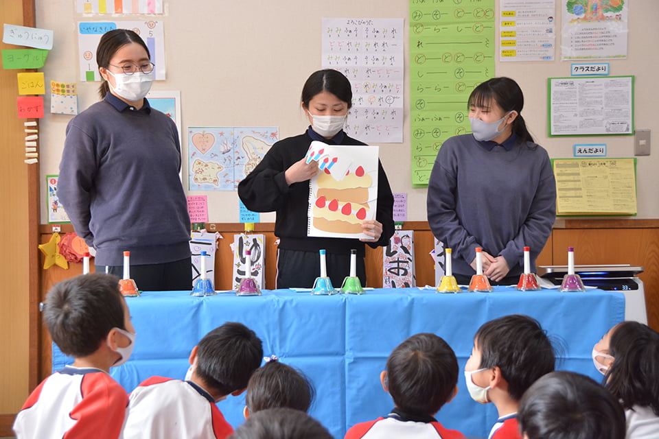 写真：子どもたちの前でケーキのイラストを見せている様子