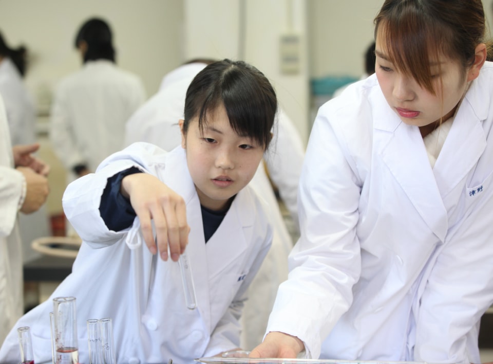 写真：女子学生が試験管を持っている。実験・実習の様子