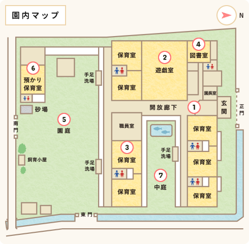 イラスト：園内マップ、各箇所の一覧は下に続く
